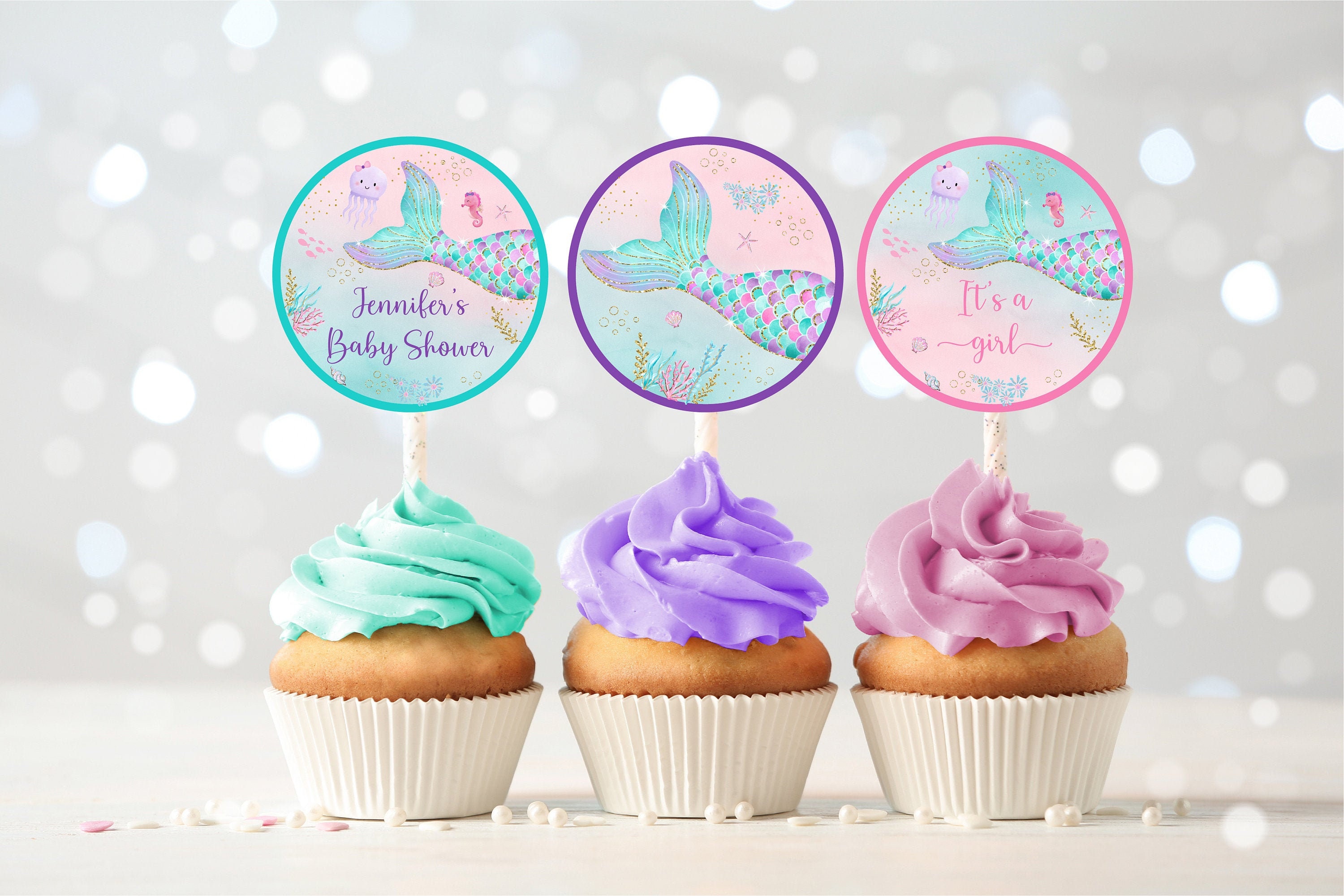 Editable Mermaid Baby Shower Cupcake Toppers Under The Sea Etsy Israel