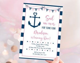 Editable Pink Nautical Birthday Invitation Anchor First Birthday Invite Pink Navy Girl Nautical Party Printable Digital Download A132