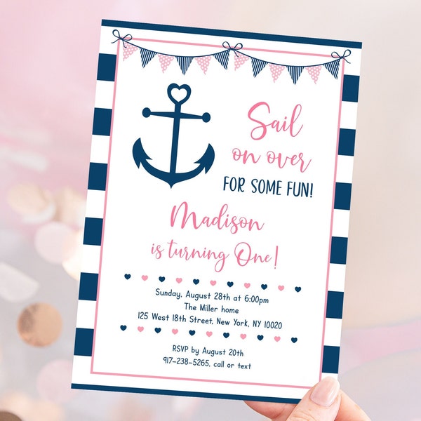 Editable Pink Nautical Birthday Invitation Anchor First Birthday Invite Pink Navy Girl Nautical Party Printable Digital Download A132