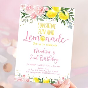 Editable Lemonade Birthday Invitation Sunshine Lemonade and Fun Pink Lemonade Pink Gold Floral Girl Lemonade Party Digital Download A613
