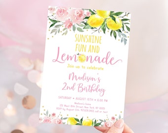 Editable Lemonade Birthday Invitation Sunshine Lemonade and Fun Pink Lemonade Pink Gold Floral Girl Lemonade Party Digital Download A613
