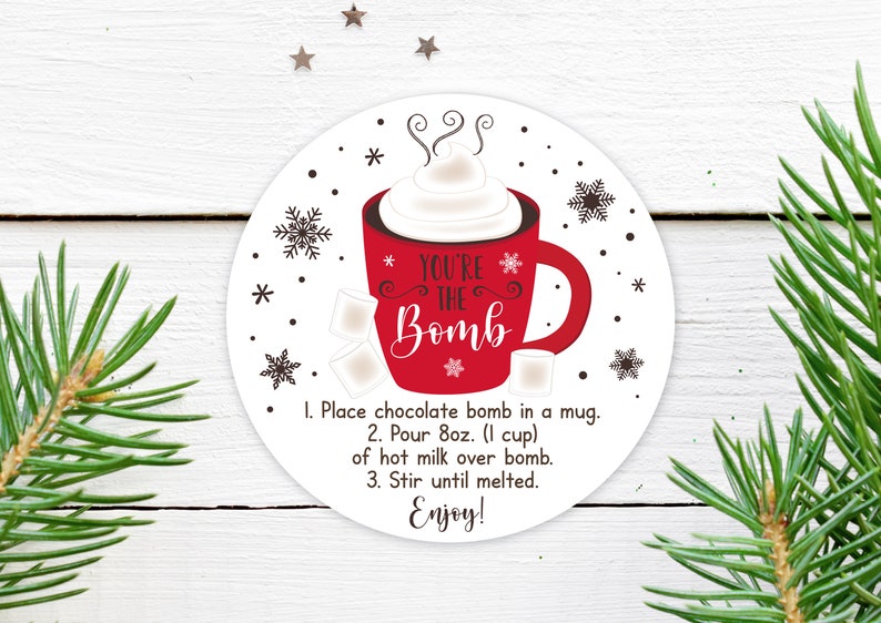 Editable Hot Chocolate Bomb Tags Hot Cocoa Bomb Instructions Favor Tags Cookies and Cocoa Christmas Winter You're The Bomb Printable A593 