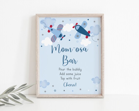 Airplane Mimosa Bar Sign Airplane Baby Shower Boy Baby Shower Stars Clouds Blue Red Mom-osa Bar Sign Printable Digital Download A566 Il_570xn