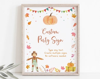 Könnte beinhalten: Ein druckbares Schild mit Herbstthema. Das Schild zeigt einen Vogelscheuche, einen Kürbis und Herbstblätter. Der Text auf dem Schild lautet "Custom Party Sign" und "Type any text. Create multiple signs. No software needed."