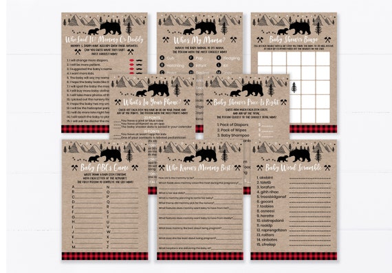 Lumberjack Baby Shower Games Package, Boy Baby Shower, Woodland, Bear Cub, Wilderness, Red Plaid, 8 Printable Games, Instant Download A519 Il_570xn