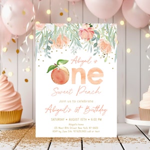 Editable Peach Birthday Invitation One Sweet Peach First Birthday ...