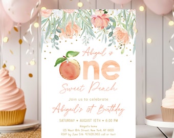 Editable Peach Birthday Invitation One Sweet Peach First Birthday Invite Peach Gold Floral Girl 1st Birthday Printable Digital A608