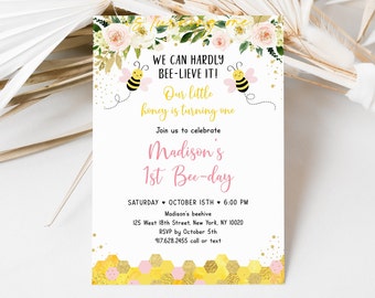 Editable Pink Bee Birthday Invitation Little Honey Bee First Bee-day Girl First Birthday Pink Floral Digital Printable Instant Download A541