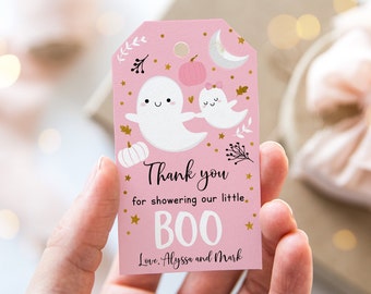 Editable Ghost Baby Shower Thank You Tag Favor Tag Little Boo Baby Shower Pink Girl Ghost Pumpkin Halloween Baby Shower Digital A637