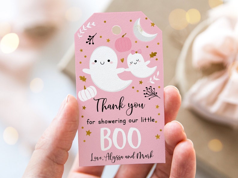 Editable Ghost Baby Shower Thank You Tag Favor Tag Little Boo Baby Shower Pink Girl Ghost Pumpkin Halloween Baby Shower Digital A637 image 1