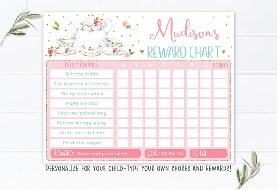 Editable Tea Party Reward Chart, Tea Party Behavior Chart, Pink Gold Floral Girls Chore Chart, Responsibility Chart, Printable Digital A583 Il_570xn