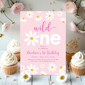 Daisy First Birthday Invitation Wild One Daisy Birthday Invite Pink Daisy Party Girl Flower First Birthday Editable Digital Download A691
