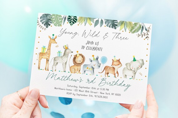 EDITABLE Young Wild and Three Invitation Safari Birthday Safari Animals Zoo Animals Boy Digital Printable Instant Download Template A518 Il_570xn