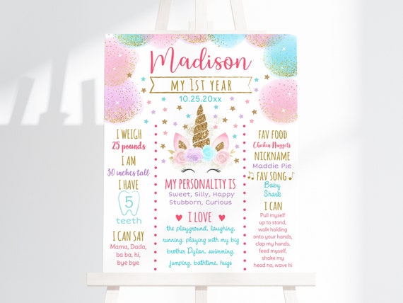 Editable Unicorn Birthday Milestone Poster Pink & Gold Unicorn Floral Unicorn Unicorn First Birthday Printable Instant Download Corjl A451 Il_570xn