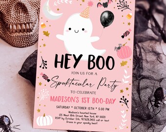 Redigerbar Hey BOO spökfödelsedagsinbjudan Halloween spöke första födelsedagsinbjudan rosa spökflicka Halloweenfest Spöktakulära digitala A636