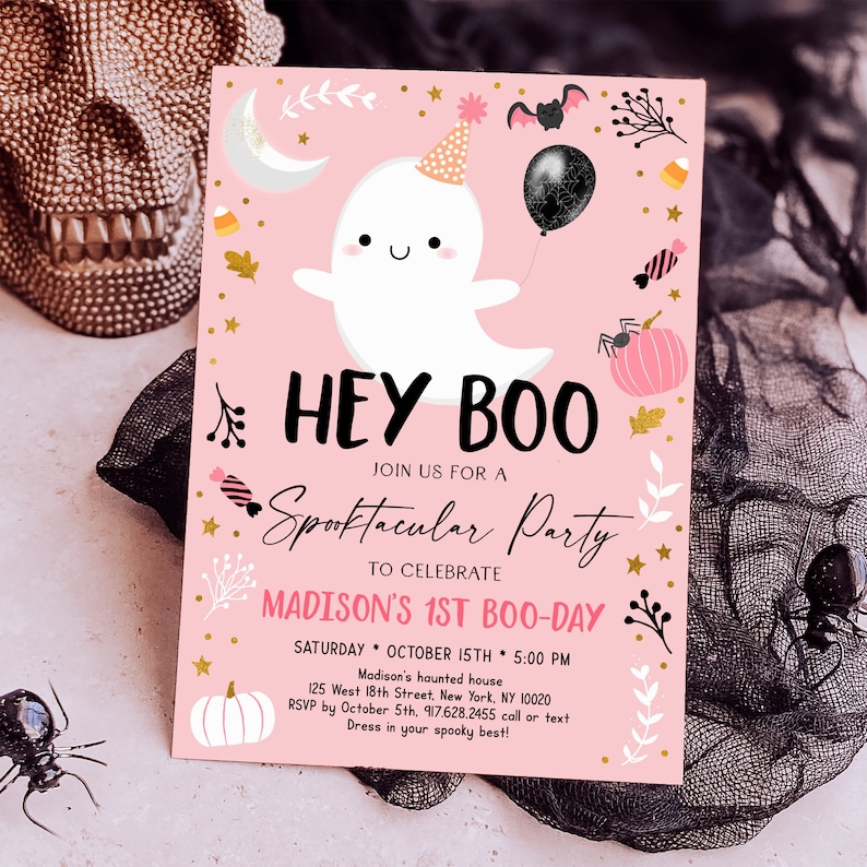 May include: Pink and white invitation with a cute ghost wearing a party hat. The invitation says "Hey Boo! Join us for a Spooktacular Party to celebrate Madison's 1st Boo-Day".
