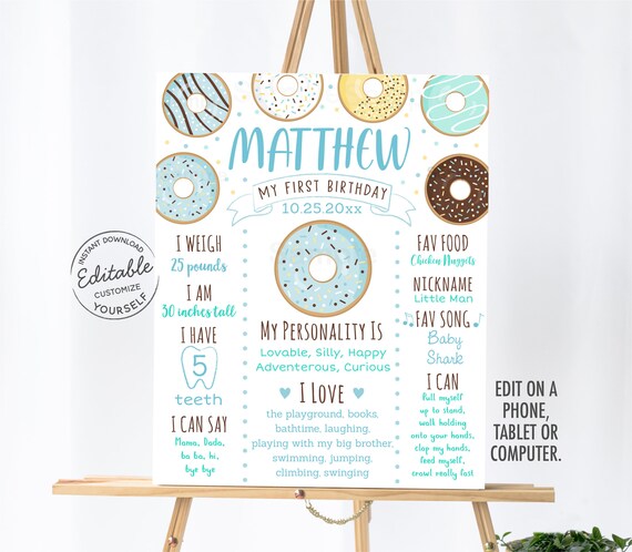 EDITABLE Donut Birthday Milestone Poster, Donut First Birthday, Blue Donut, Donut Grow Up, Doughnut, Printable Instant Download, Corjl A501 Il_570xn