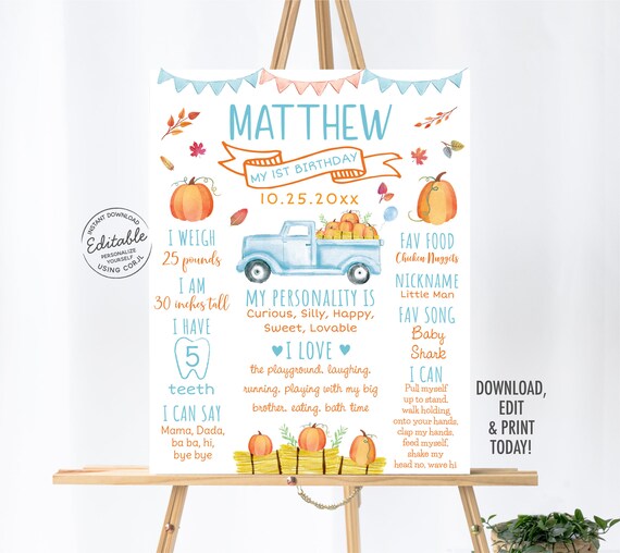 EDITABLE Pumpkin Birthday Milestone Poster Fall Harvest 1st Birthday Boy Pumpkin Truck Blue Pumpkin Autumn Printable Instant Download A548 Il_570xn