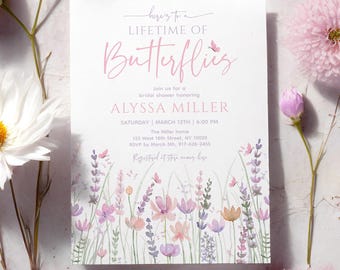 Wildflower Bridal Shower Invitation, Pastel Floral, Lifetime of Butterflies, Editable Digital A789