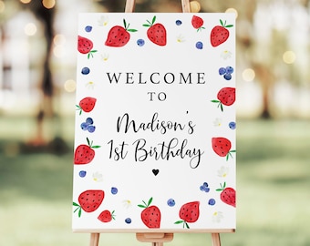 Editable Strawberry Blueberry Birthday Welcome Sign Berry Sweet Floral Strawberry Party Picking Farmers Market Digital Download A701