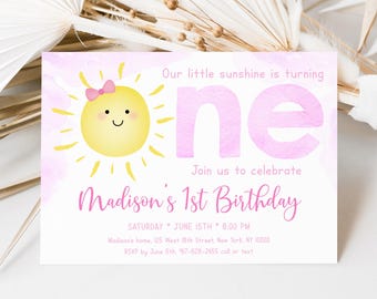 Editable Pink Sunshine First Birthday Invitation, Girl Sunshine Party, Little Sunshine, Clouds, 1st Birthday Invite Digital Download A600