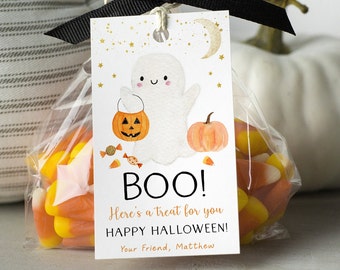 Étiquettes modifiables de faveur d'Halloween Boo Ghost Étiquettes de friandise d'Halloween Étiquettes des bonbons ou un sortilège Étiquettes de fête d'Halloween garçon fille citrouille bonbons au maïs A702