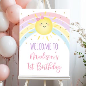 Editable Rainbow Sunshine Birthday Welcome Sign Girls Rainbow Party Pastel Rainbow Pink Gold Digital Printable Instant Download A599