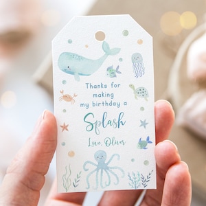 Editable Under the Sea Birthday Thank You Tag, Favor Tag, Oneder the Sea 1st Birthday, Blue Pastel Boy Sea Animals, Watercolor A725