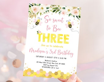 Editable Pink Bee Birthday Invitation Sweet To Bee Three Bee-day Girl Third Birthday Pink Floral Digital Printable Instant Download A541
