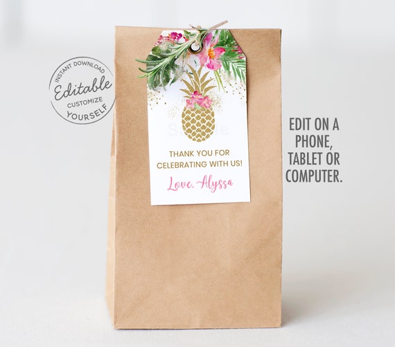EDITABLE Pineapple Baby Shower Thank You Tags Favor Tags Pink Tropical Floral Gold Pineapple Girl Baby Printable Instant Download A494 Il_570xn