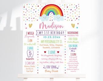 Editable Rainbow Milestone Birthday Sign Rainbow First Birthday Pink Gold Rainbow Clouds Girl First Birthday Printable Digital Corjl A530