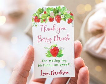 Editable Strawberry Birthday Thank You Tags Favor Tags Berry Sweet Strawberry Party Pink Floral Printable Digital Download A618