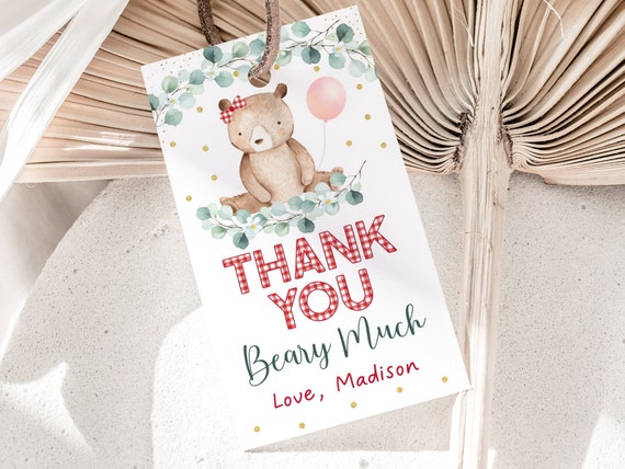 Editable Teddy Bear Thank You Tag Favor Tag Red Gold Girl Teddy Bear Party Outdoor Birthday Teddy Bear Balloons Digital Download A603 Il_570xn
