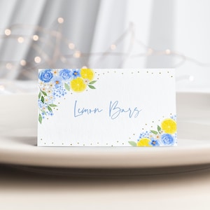 Cartões editáveis para chá de panela com estampa floral azul e limão, rótulos de alimentos, ela encontrou seu amor, chá de panela com limão, verão cítrico, A770