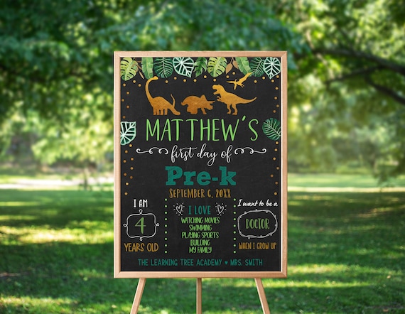 Editable Dinosaur First Day of Pre-K Sign First Day of Pre-Kindergarten Sign Boy Dinosaur Green Gold Chalkboard School Sign Digital Il_570xn