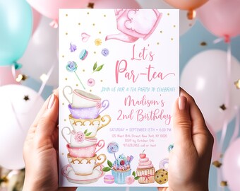 Editable Tea Party Birthday Invite Let's Par-tea Birthday Invitation Pink Gold Floral Tea Party Cake Cupcake Cookie Digital Download A651