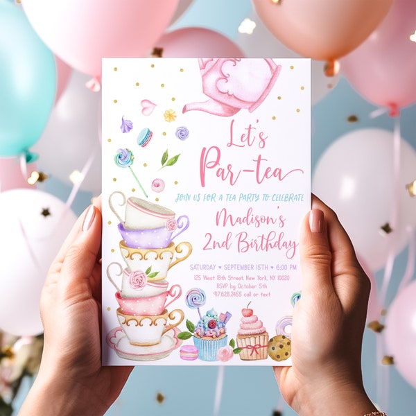 Invitation d’anniversaire Tea Party modifiable Let’s Par-tea Birthday Invitation Pink Gold Floral Tea Party Cake Cupcake Cookie Téléchargement numérique A651