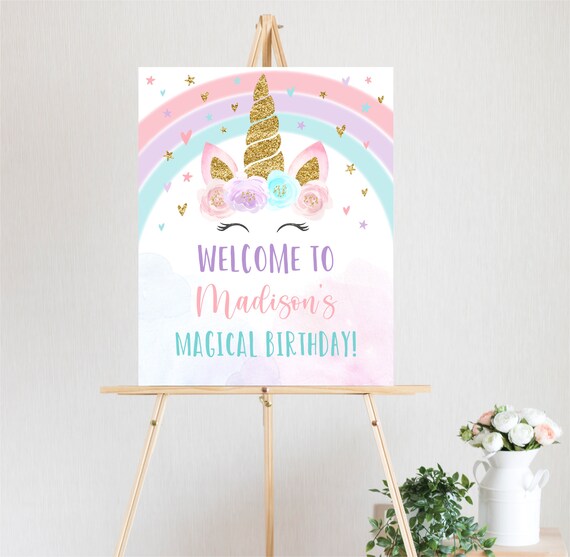 Editable Unicorn Birthday Welcome Sign Pastel Rainbow Unicorn Pink Gold Floral Unicorn Printable Digital Instant Download Corjl A582 Il_570xn