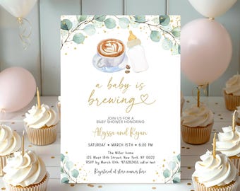 Editable Coffee Baby Is Brewing Invitation Coffee Baby Shower Invitation Greenery Gender Neutral Coed Baby Shower Digital Template A601