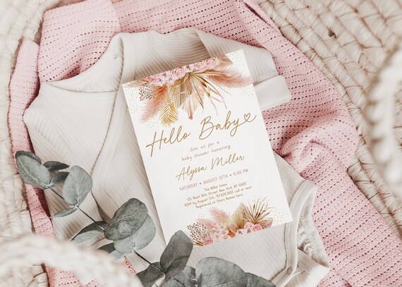 Editable Pampas Grass Baby Shower Invitation Bohemian Baby Shower Invite Tropical Desert Floral Pink Floral Boho Digital Download A625 Il_570xn