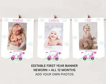 Pink Golf First Birthday Banner Monthly Photo Banner, Hole in One Birthday, Girl Golf 1st Birthday Par-tee, Editable Digital Download A695
