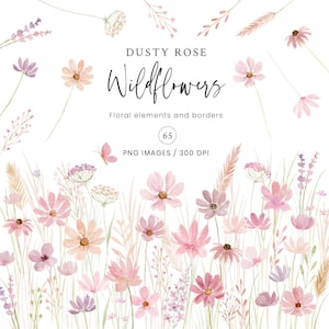 Clipart de aquarela de flores silvestres, flores silvestres rosa delicadas, rosa empoeirado, flores silvestres, clipart de casamento, bordas florais, diário, PNG digital