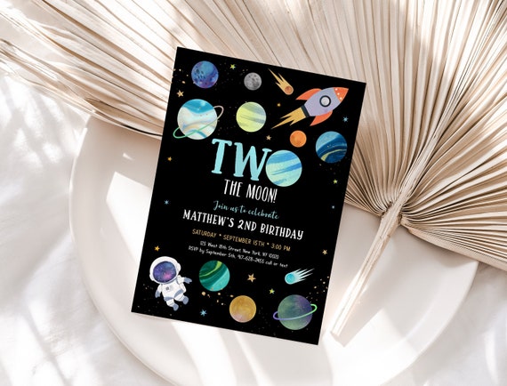 Editable Two The Moon Birthday Invitation Space 2nd Birthday Invite Astronaut Galaxy Planets Outer Space Party Rocket Ship Digital A654 Il_570xn