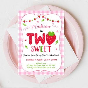 Editable Strawberry Birthday Invitation Two Sweet Strawberry - Etsy