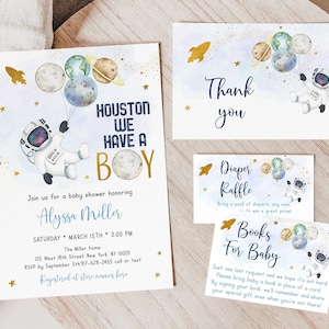 Bearbeitbares Astronaut-Babyparty-Einladungs-Bundle Houston Wir haben einen Jungen Blau-Gold Galaxy Planeten Weltraum-Windel-Verlosungsbuchkarte A606