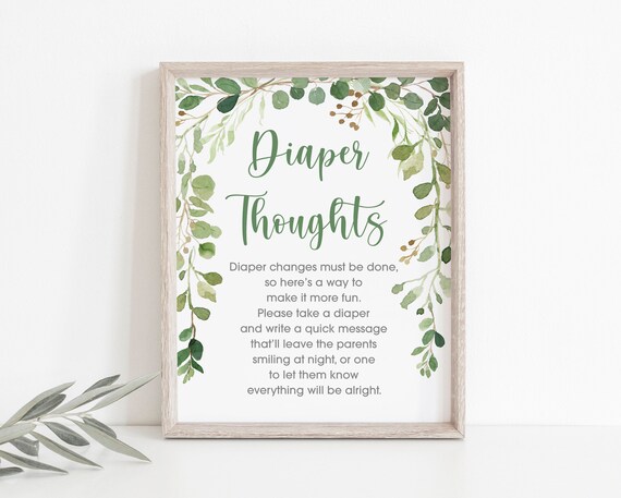 Greenery Diaper Thoughts Sign Green Floral Baby Shower Greenery Leaves Gender Neutral Digital Printable Instant Download A178 Il_570xn