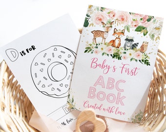 ABC Book Baby Shower Game Pink Woodland Alphabet Coloring Book Baby's First ABC Book Baby Shower Coloring Pages Digital Download A516