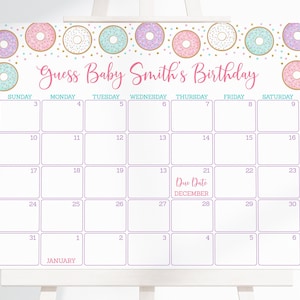 Editable Donut Baby Shower Due Date Calendar Game, Pink Gold Donut Baby Sprinkle, Doughnut, Guess Baby's Birthday, Printable Digital A587