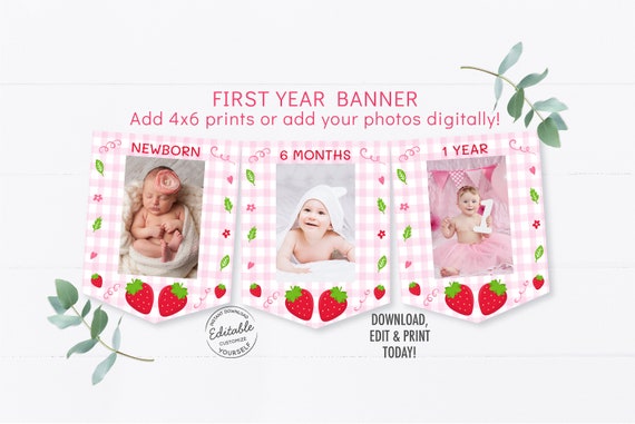 Strawberry First Birthday Banner Monthly Photo Banner Berry Sweet Strawberry Party Pink & Green Girl First Birthday Editable Printable A542 Il_570xn
