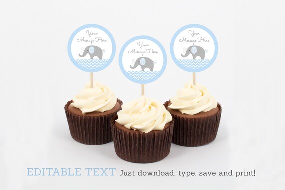 Elephant Cupcake Toppers / Elephant Baby Shower / Chevron Pattern / Blue Elephant / INSTANT DOWNLOAD Editable PDF A228 Il_570xn